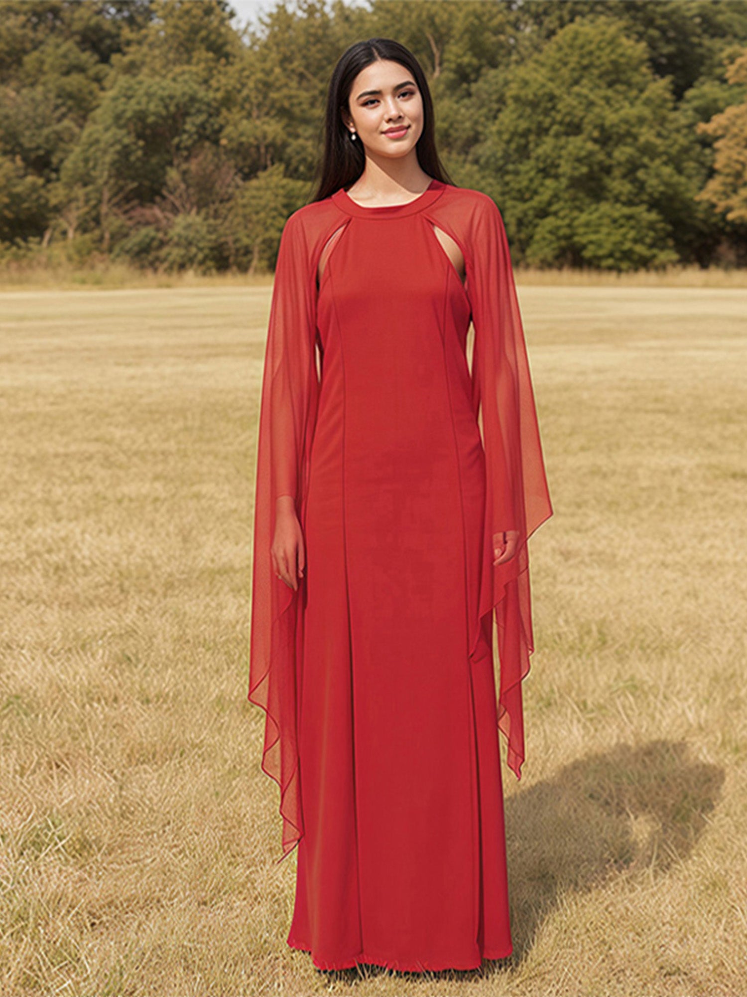 4pcs Women's Plus Size Chiffon Evening Gown Long Sleeve Floor-Length Dress - Solid Color Fitted Top & Flowy Skirt, Machine Washable Wedding Bridesmaid Gown for Formal Parties & Galas, Wedding Dresses, Plus Size Event Wear, El